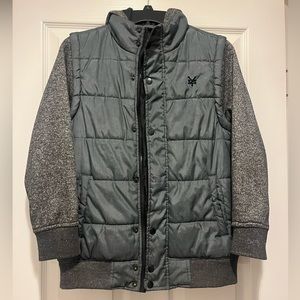 Boys jacket size M 8/10 grey/army green with a hoodie.